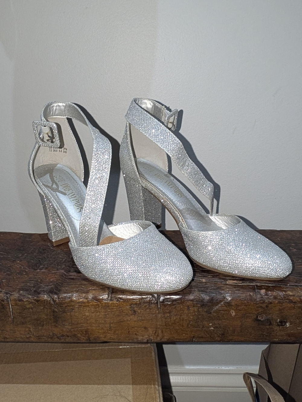Angel Silver Glitter Cross-Strap Chunky Heel Pumps